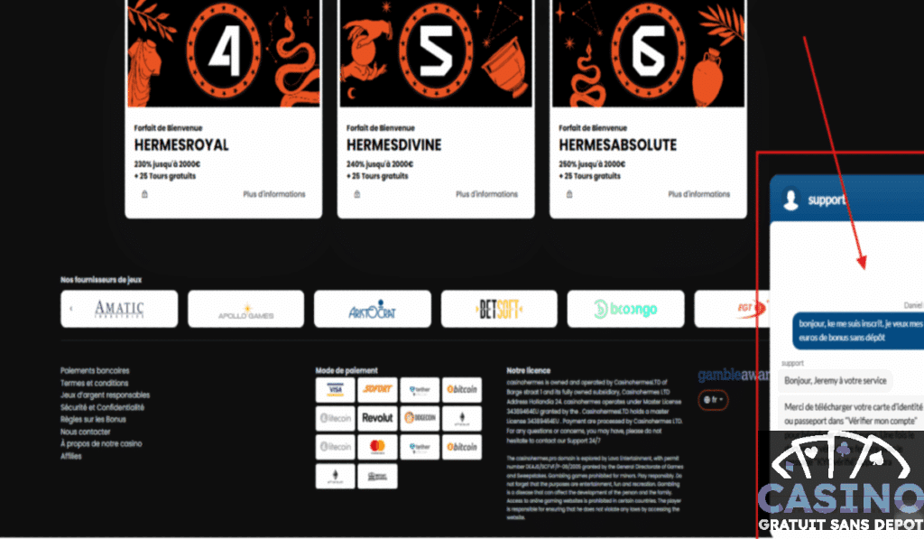 Hermes VIP demander bonus sans dépôt ---