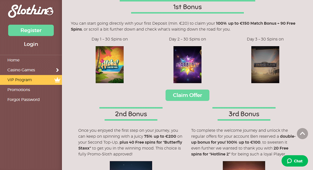 les trois bonus proposés par slothhino casino