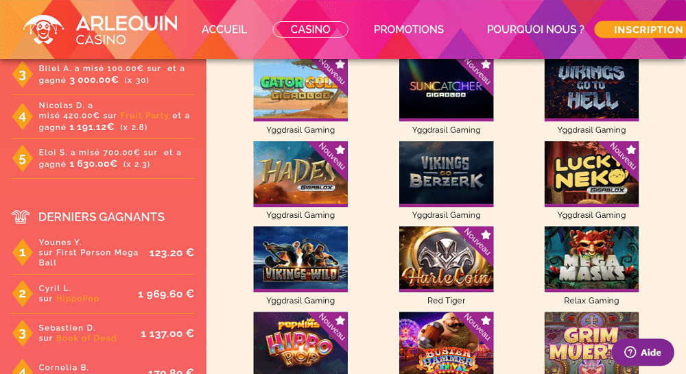 Arlequin Casino jeux
