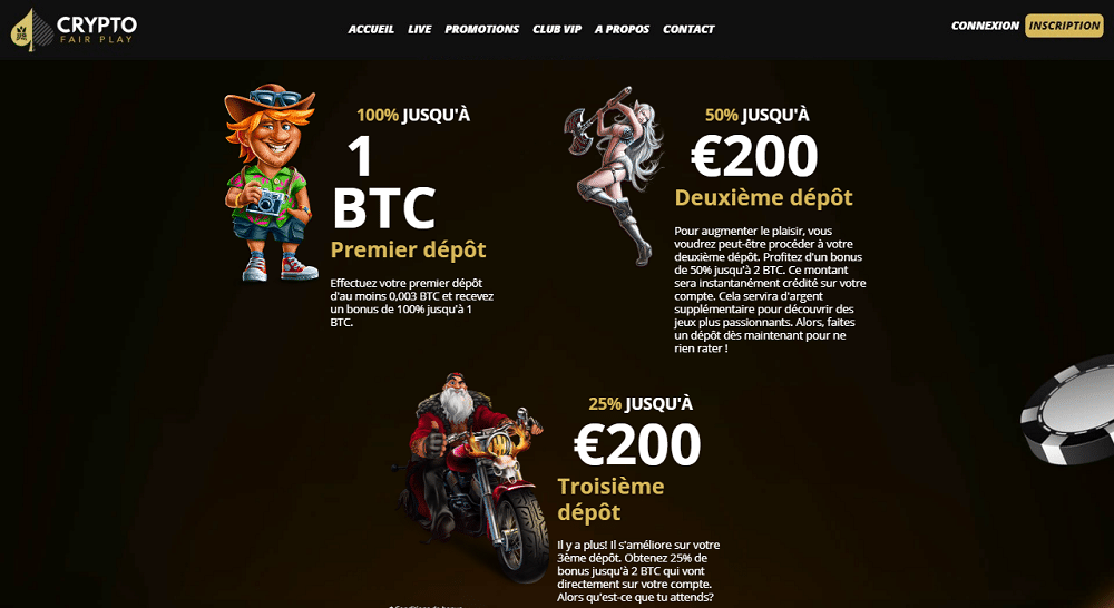 Crypto Fair Play propose 3 bonus de bienvenue