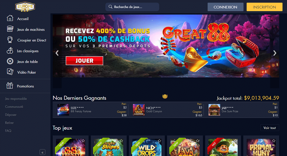 europe777 casino interface