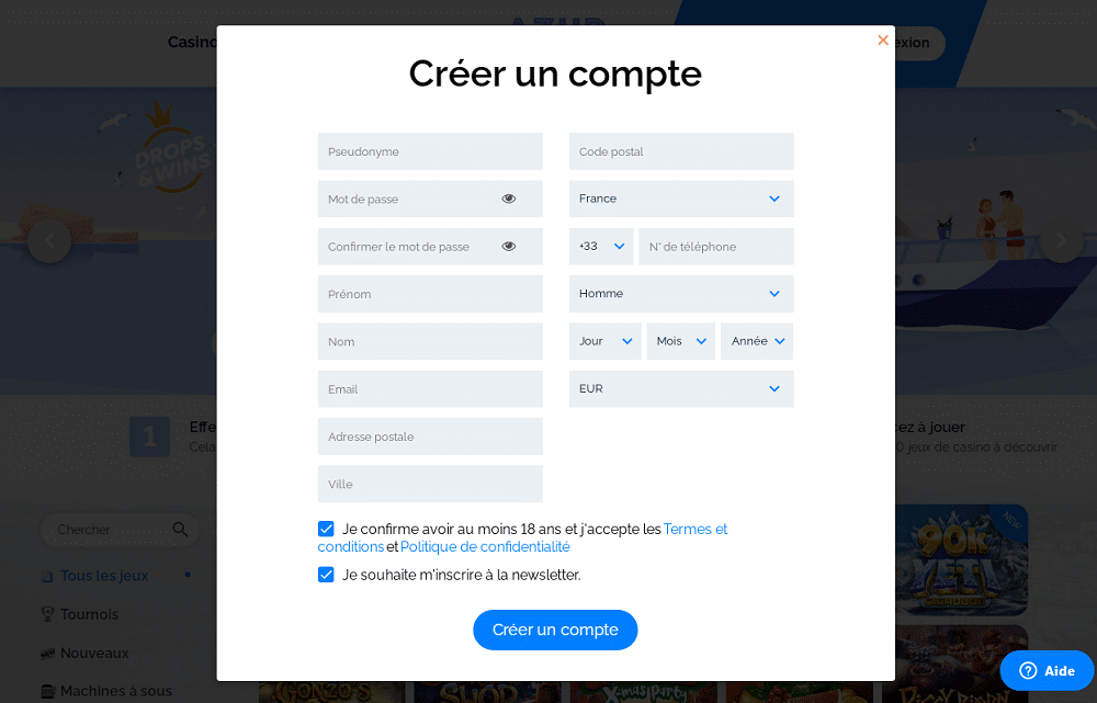 creer compte azur casino