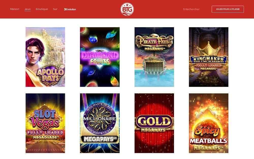 jeux disponibles dans la ludothèque de Big Time Gaming