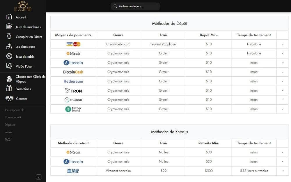 Le Coin Flip modes de paiement