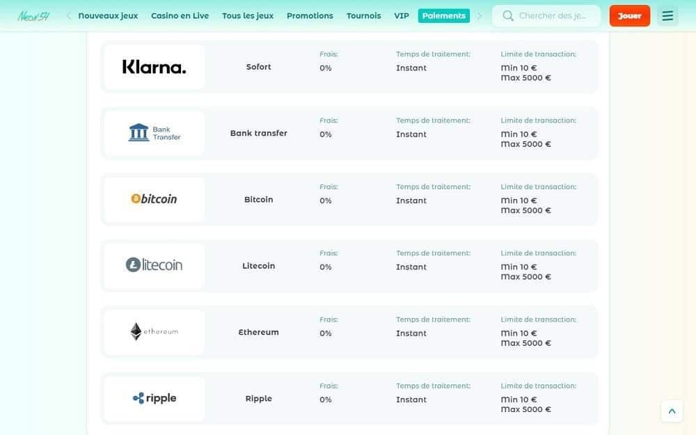 Neon54 Moyens de paiement