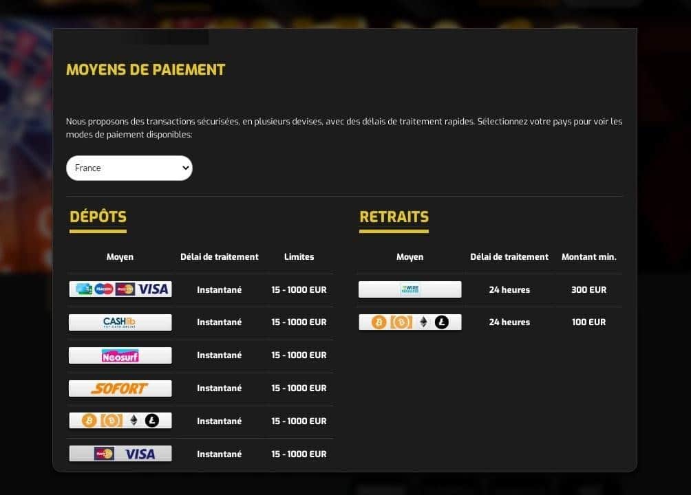 modes paiement Casino Intense