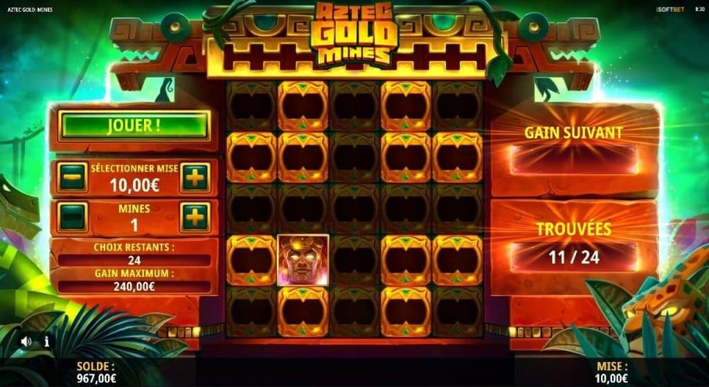 Fonctionnalités mini-jeu gratuit Aztec gold mines