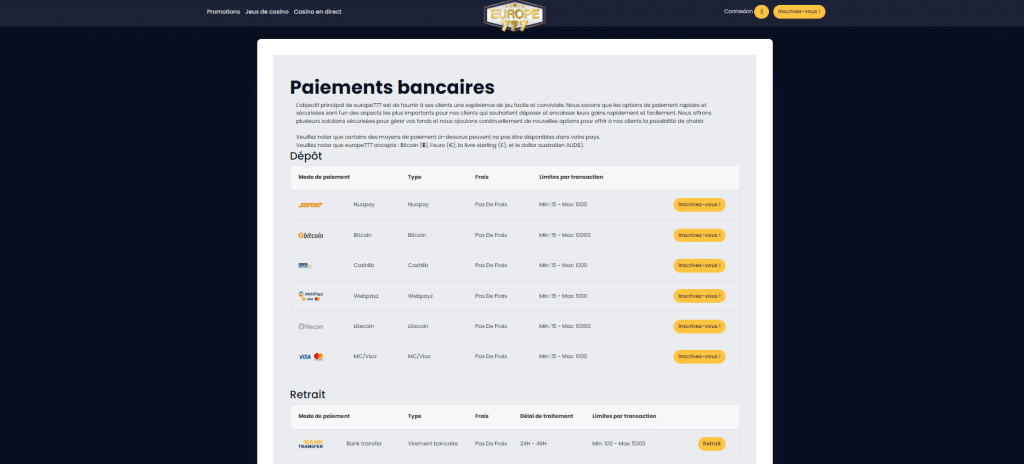 Europe 777 Modes paiement 