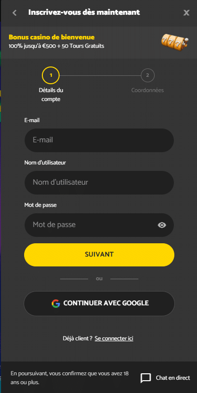 inscription sur Palm Slots