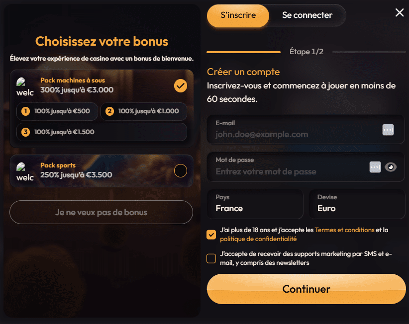 inscription sur Mad Casino