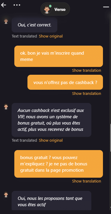 support client verso de Mad Casino