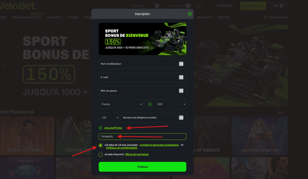 Velobet s'inscrire Etape 2