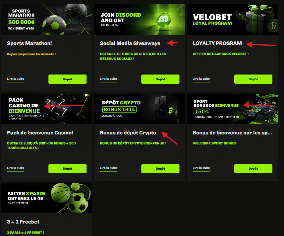 bonus offerts sur Velobet