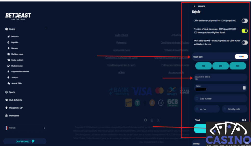 BetBeast faire un dépôt étape 3