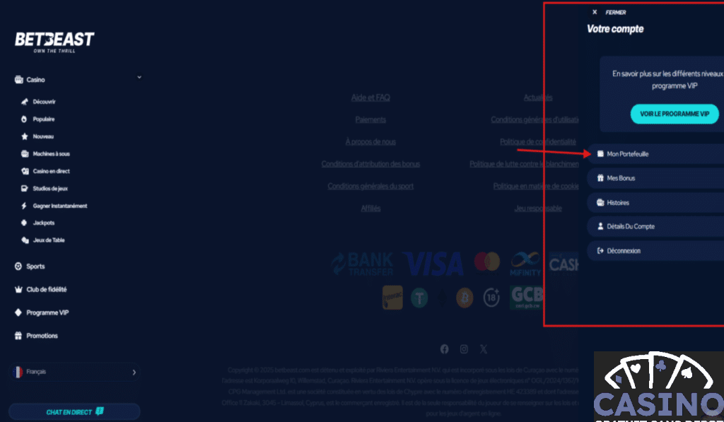 BetBeast faire un retrait Etape 1