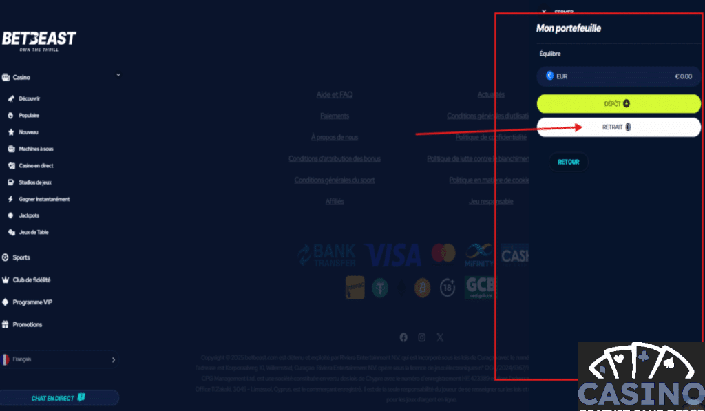 BetBeast Comment faire un retrait étape 2 