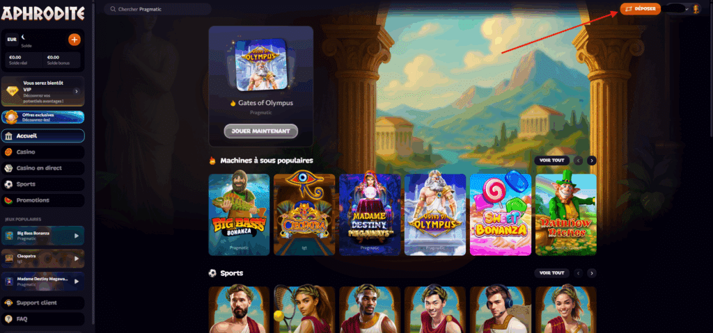 Etape 1 : Se connecter à son compte joueur Cliquer sur « Déposer »