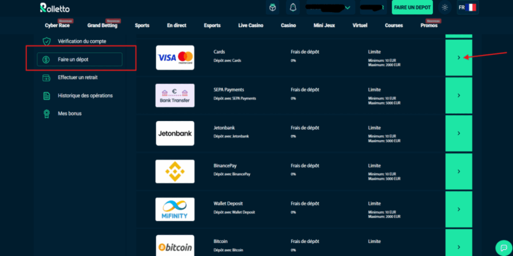 Choisir une option de depot