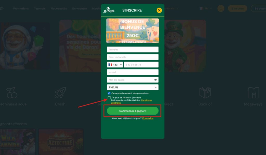 Mr Baron Casino - S'incrire Etape 2