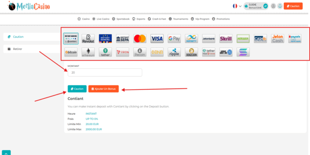 moyens de paiement merlin casino