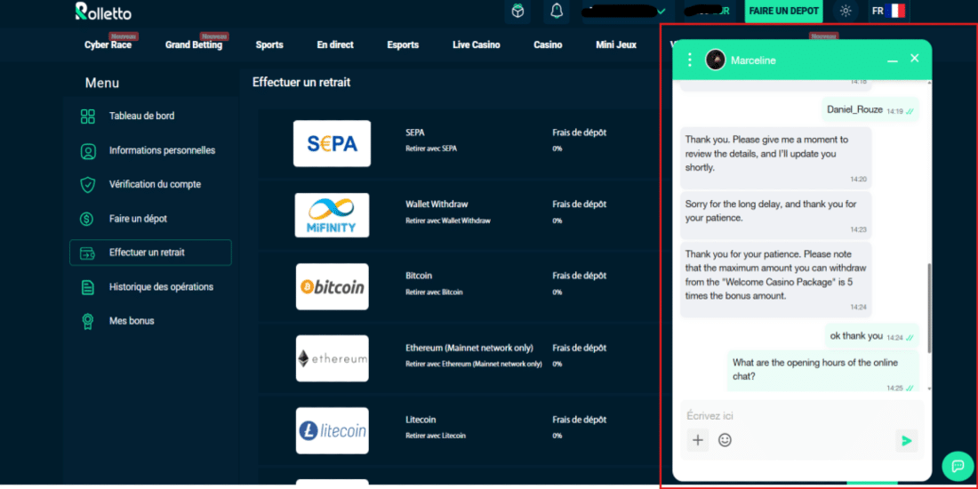 test support chat en client mystere