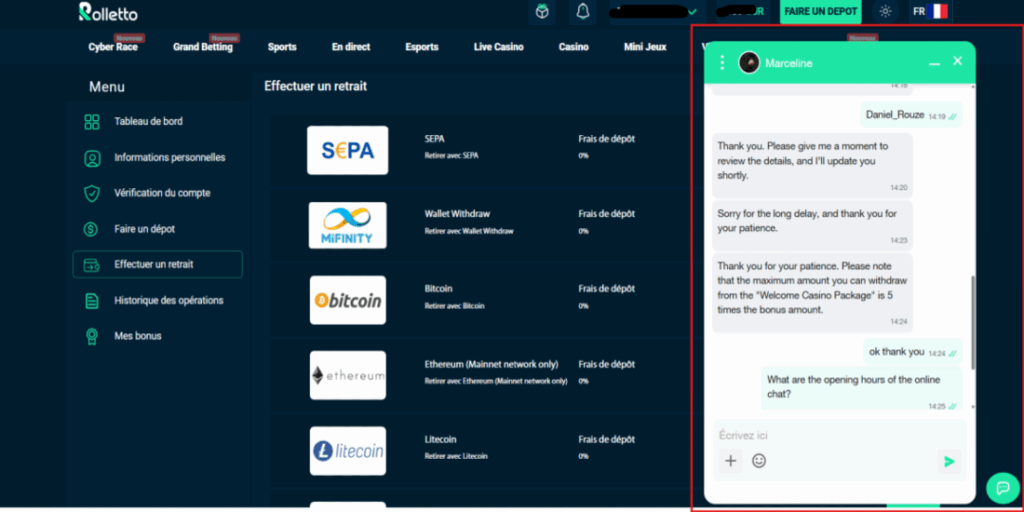 test support chat en client mystere